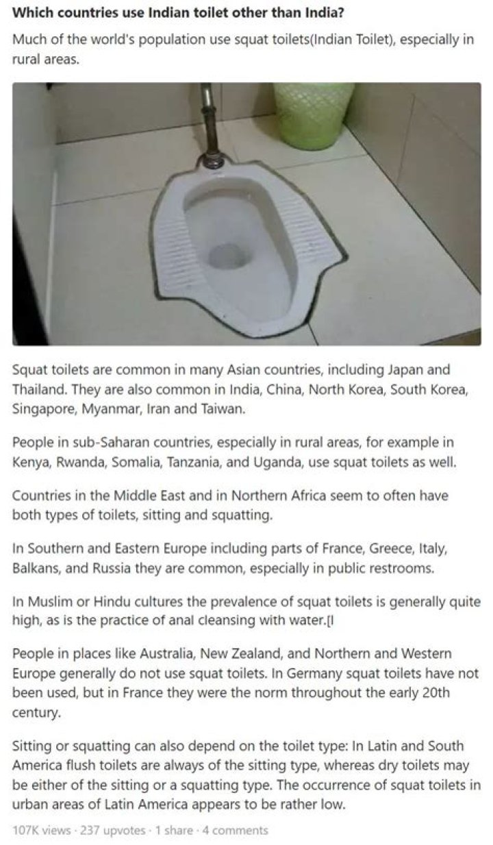 Which countries use Indian toilet?